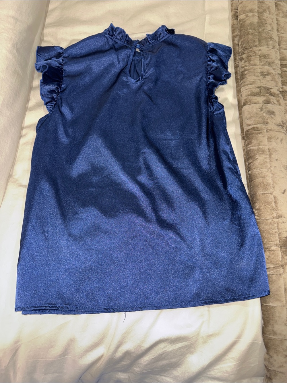 Navy Blue Ruffle Neck Satin Top - Picture 2 of 2